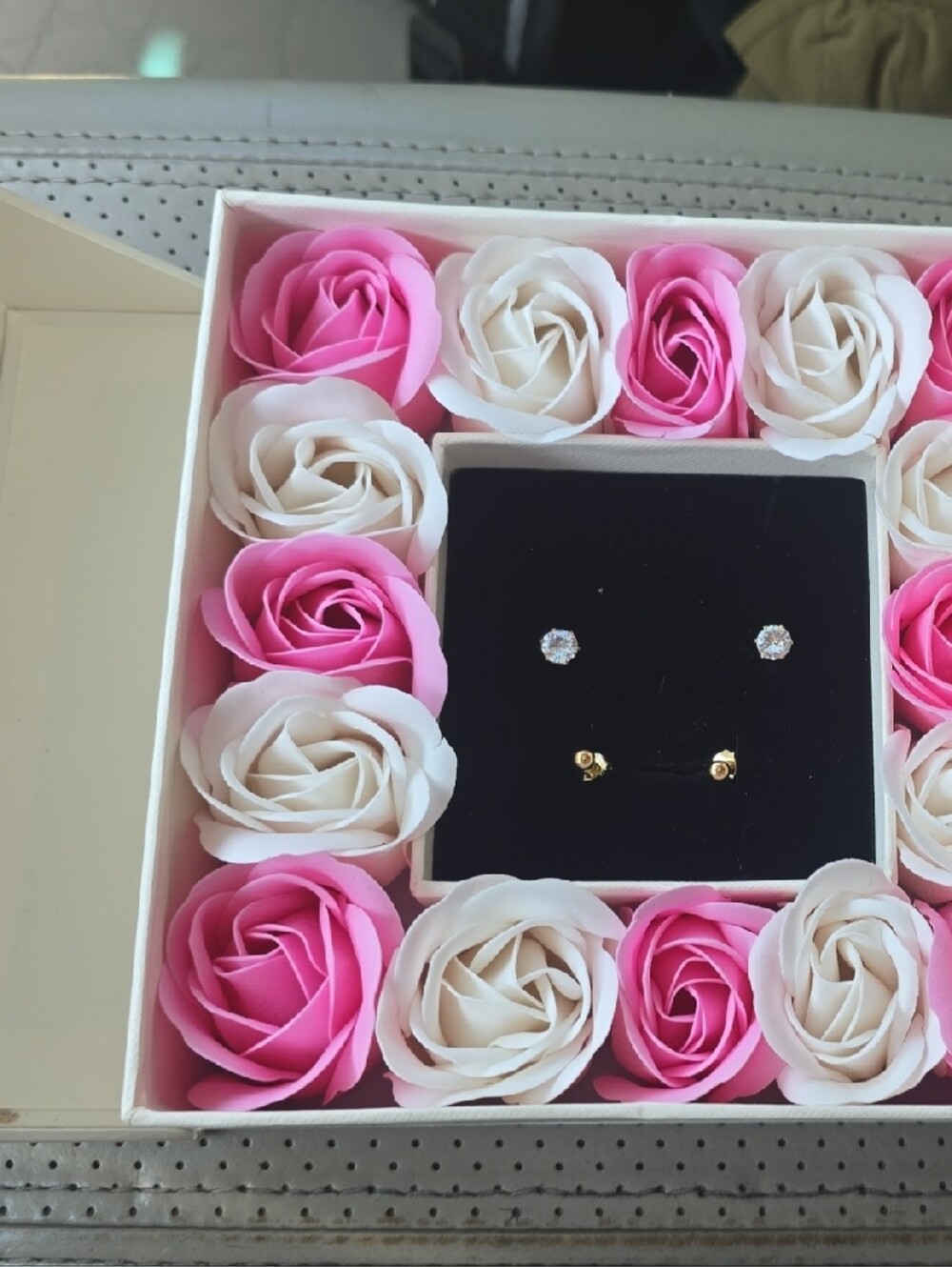 Pink & Cream Rose Flowers Surrounded In Gift Box with 2 Sets Of Stud Earrings
